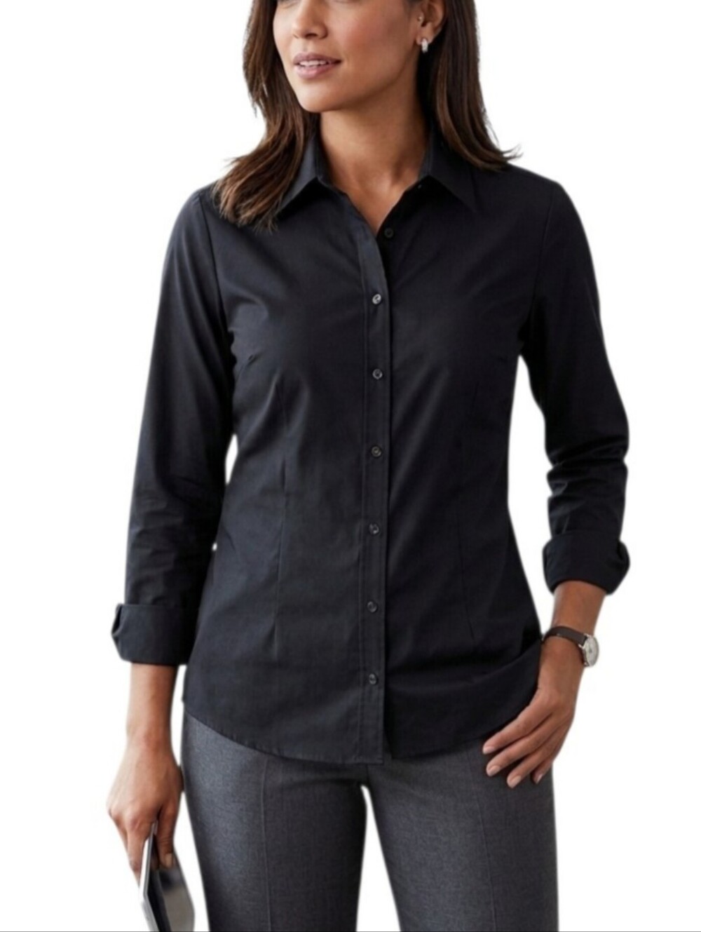 Izod Black Button Down Women's Shirt Fold Over Cuff No Iron Business Size S/M